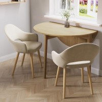 Small Oak Drop Leaf Dining Table Set with 2 Beige Upholstered Chairs - Seats 2 - Rudy
