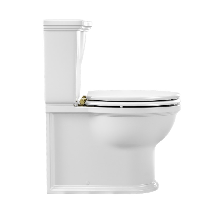 Close Coupled Rimless Toilet with Soft Close Seat and Brushed Brass Fittings - Ripley