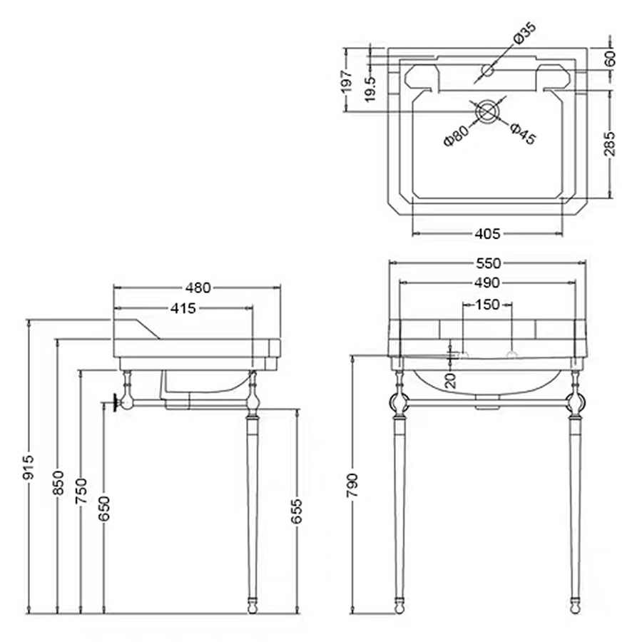 570mm Traditional 1 Tap Hole Basin with Chrome Wash Stand - Ripley