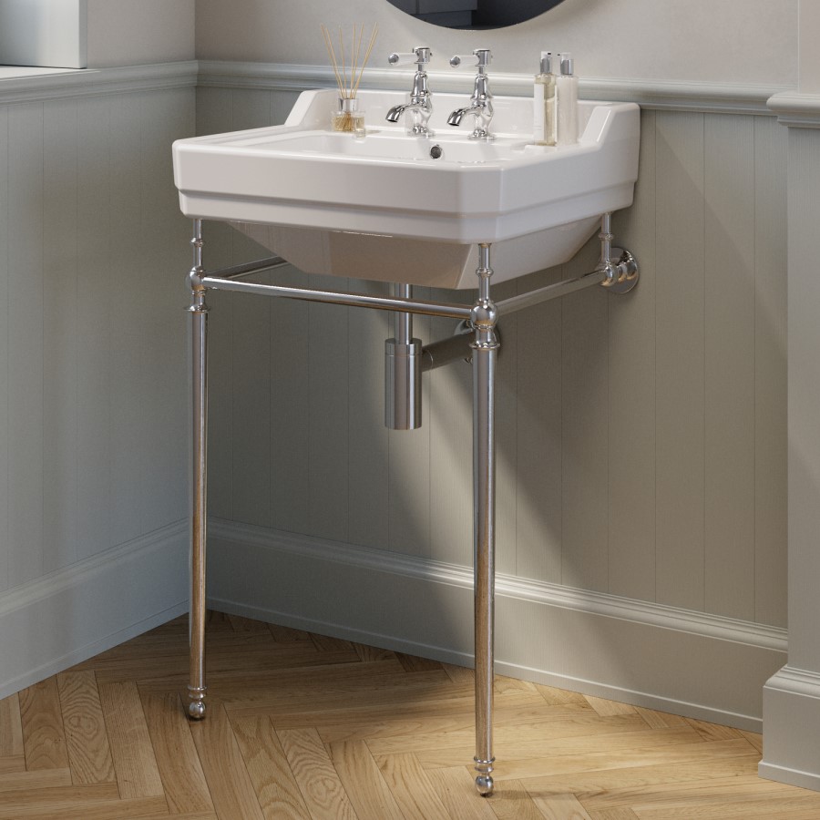 570mm Traditional 2 Tap Holes Basin with Chrome Wash Stand - Ripley