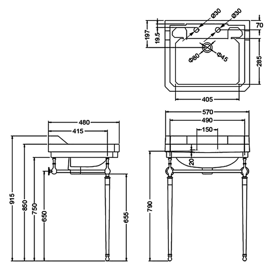 570mm Traditional 2 Tap Holes Basin with Chrome Wash Stand - Ripley