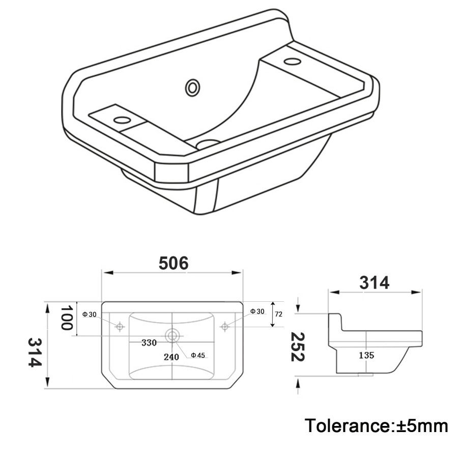506mm Traditional Full Pedestal Cloakroom Basin with 2 Tap Holes - Ripley