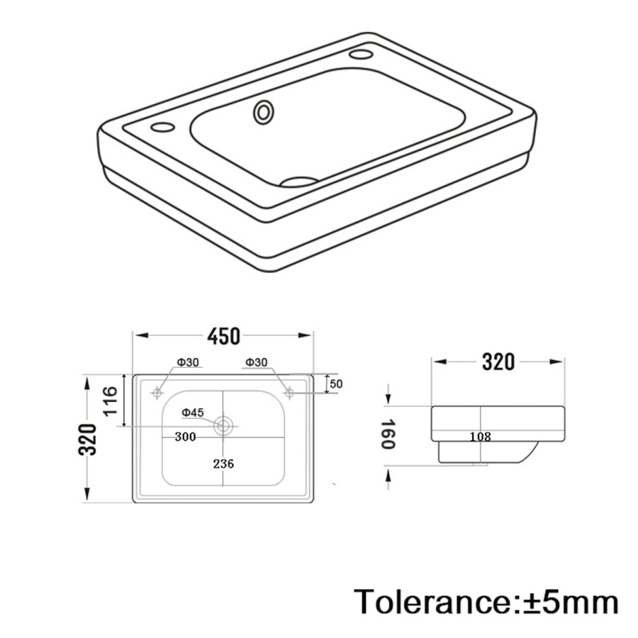 450mm Traditional Full Pedestal Cloakroom Basin with 2 Tap Holes - Park Royal