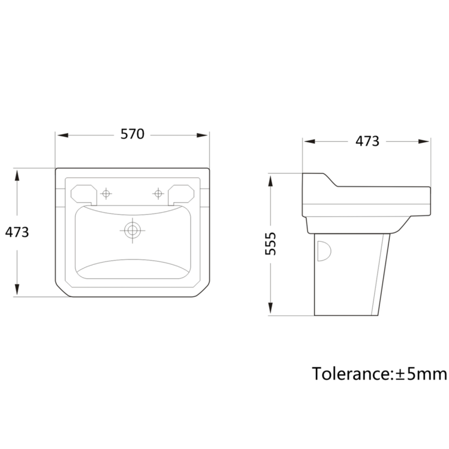 570mm Traditional Semi Pedestal Basin with 2 Tap Holes - Ripley