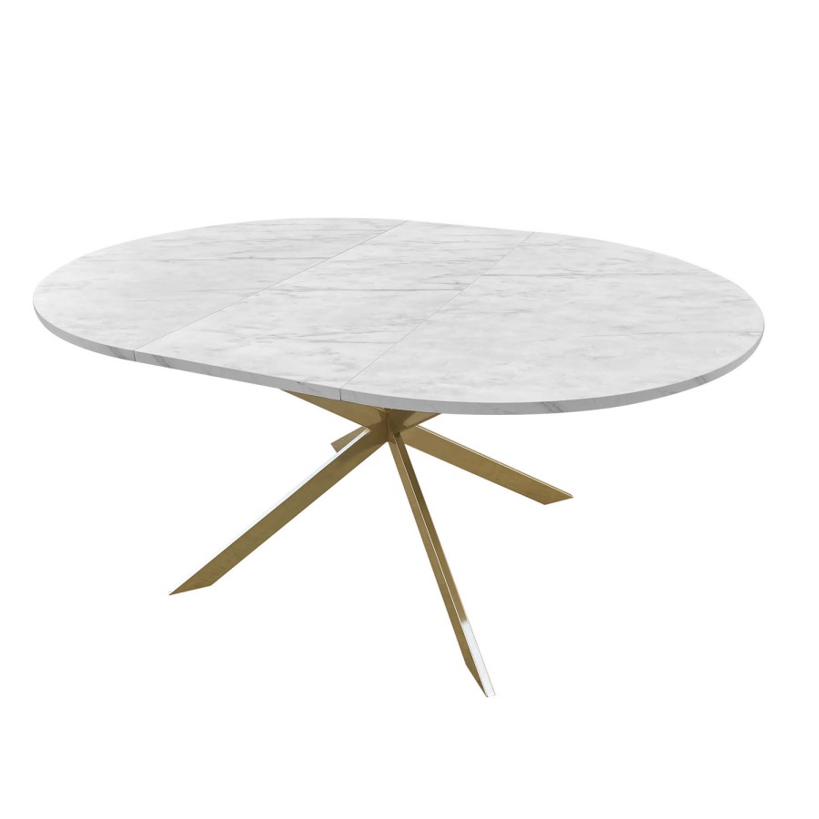 Round to Oval White Marble Effect Extendable Dining Table Set with 4 Mink Velvet Chairs - Seats 4 - Reine