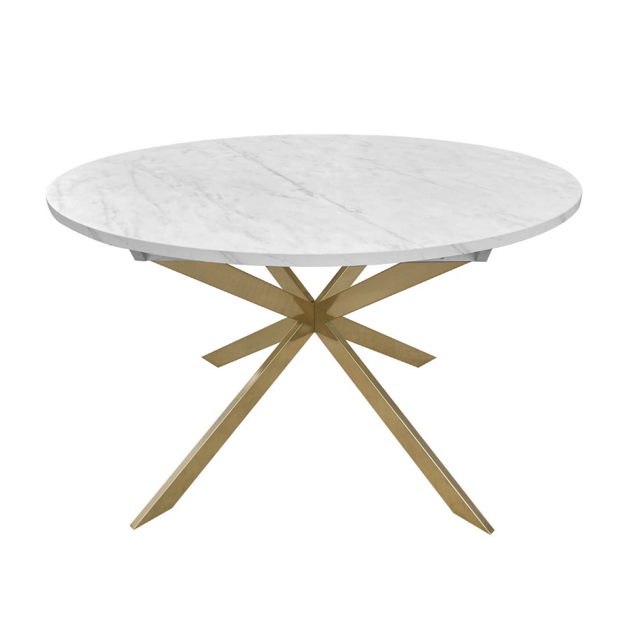 Round to Oval White Marble Effect Extendable Dining Table Set with 4 Mink Velvet Chairs - Seats 4 - Reine