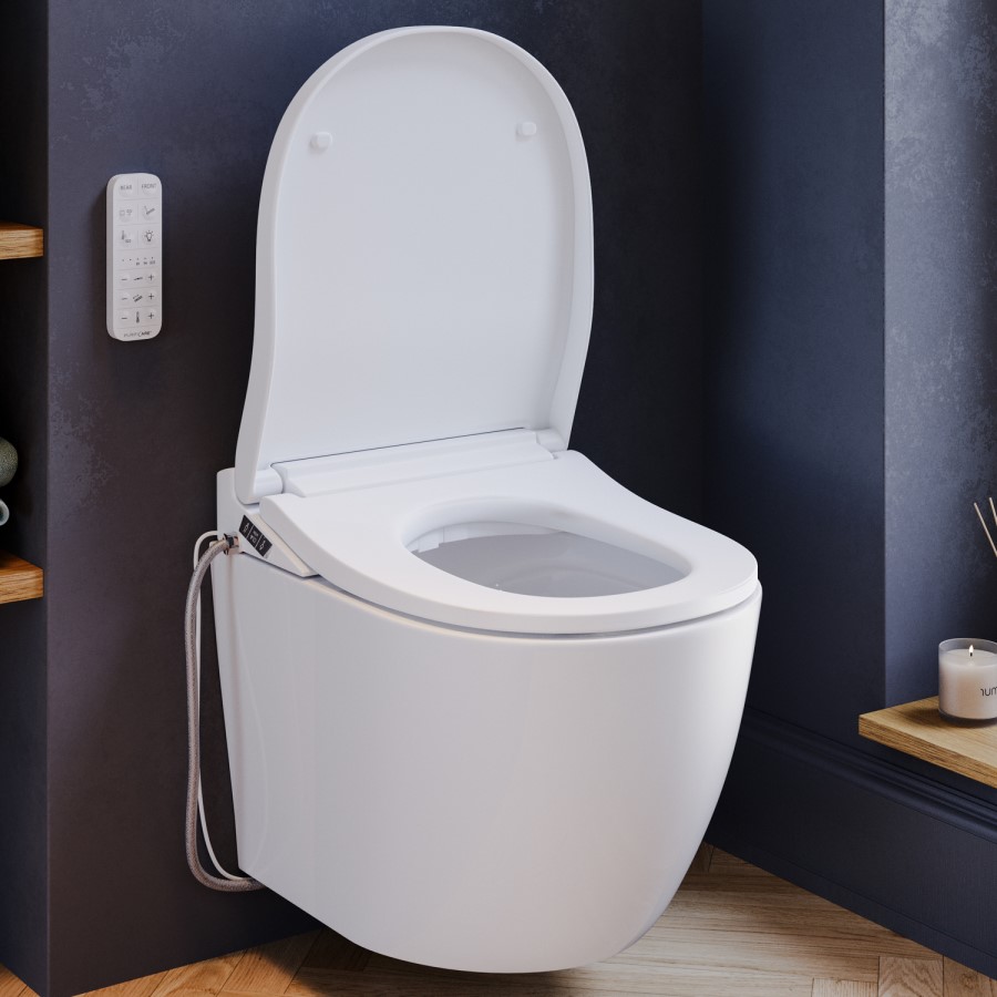 Wall Hung Smart Bidet Japanese Toilet with Heated Seat, Black Pneumatic Flush Plate, 820mm Frame & Cistern - Purificare