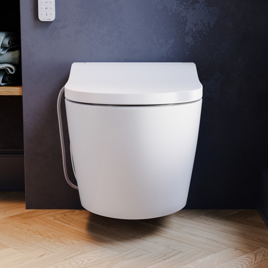 Wall Hung Smart Bidet Japanese Toilet with Heated Seat, Black Pneumatic Flush Plate, 820mm Frame & Cistern - Purificare