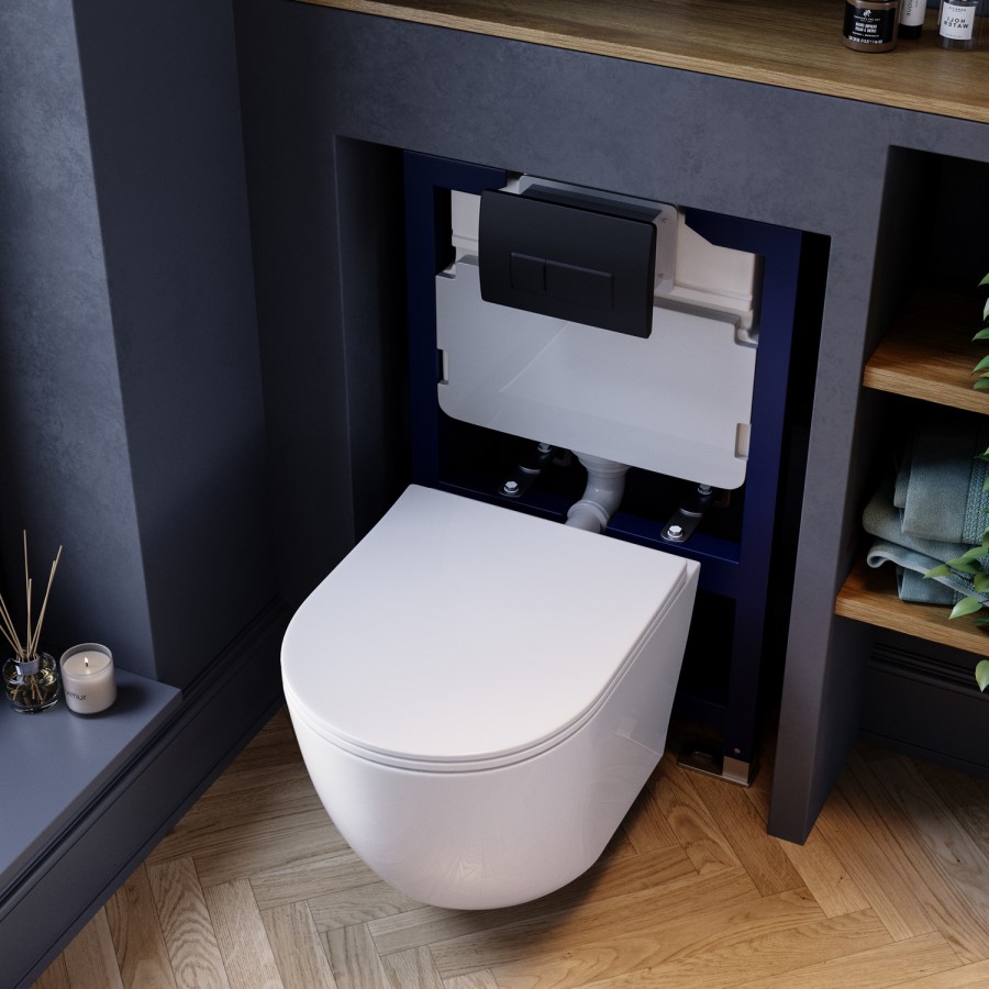 Wall Hung Rimless Toilet with Soft Close Seat, Black Pneumatic Flush Plate, 820mm Frame & Cistern – Roma
