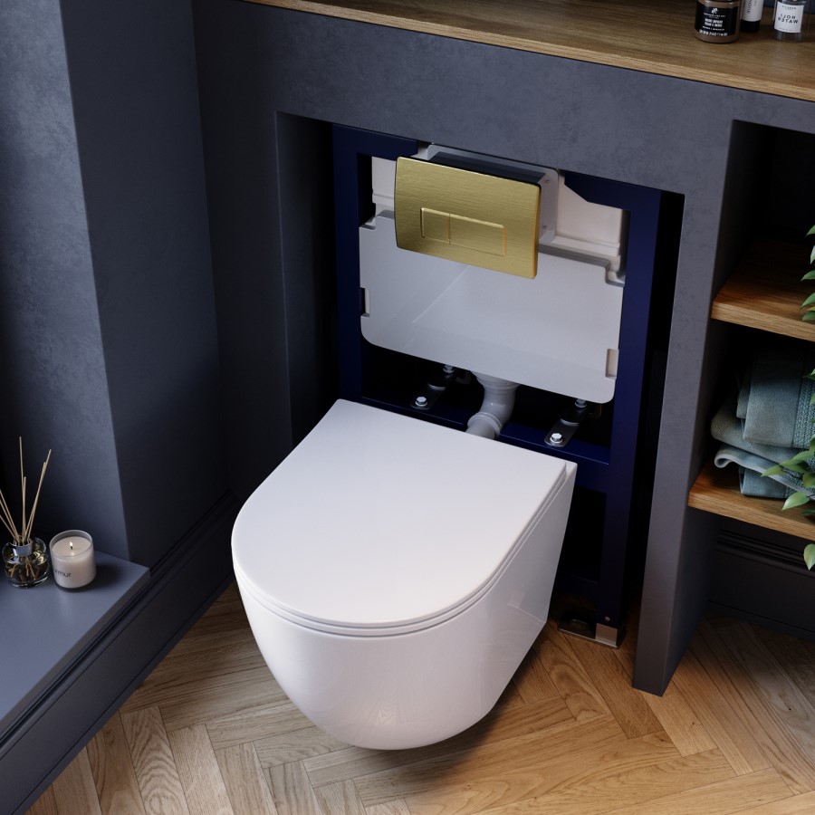 Wall Hung Rimless Toilet with Soft Close Seat, Brushed Brass Pneumatic Flush Plate, 820mm Frame & Cistern – Roma