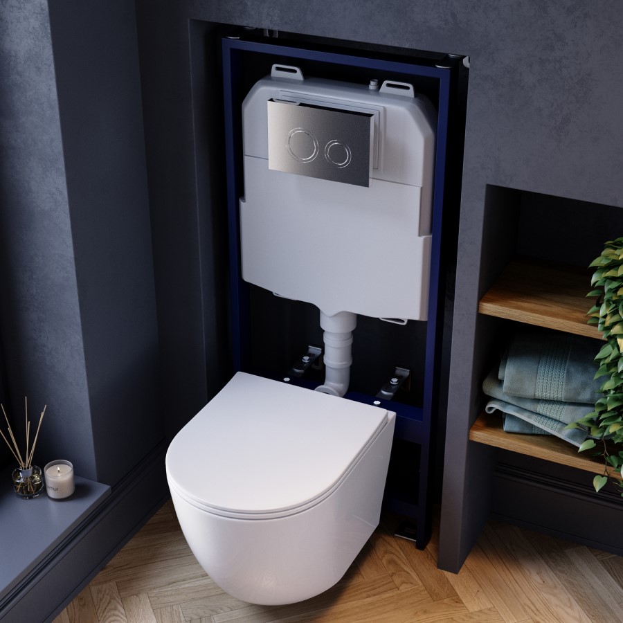 Wall Hung Rimless Toilet with Soft Close Seat, Chrome Mechanical Flush Plate, 1168mm Frame & Cistern – Roma