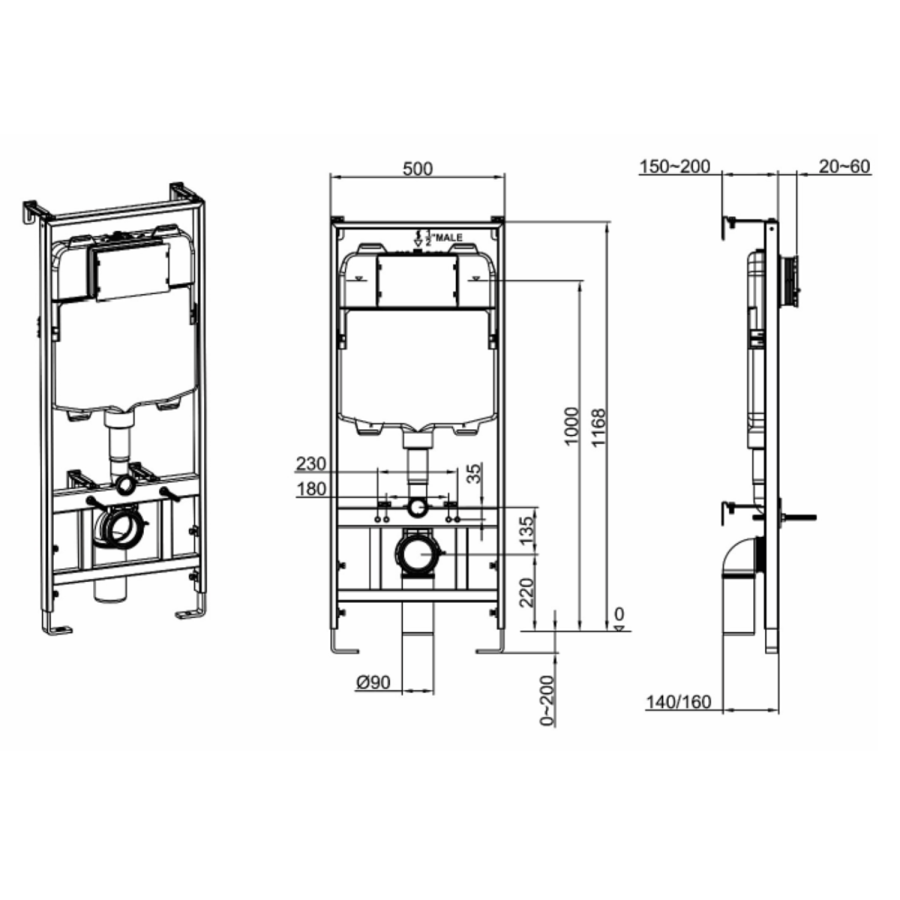 Wall Hung Rimless Toilet with Soft Close Seat, Black Mechanical Flush Plate, 1168mm Frame & Cistern – Roma
