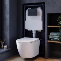 Wall Hung Rimless Toilet with Soft Close Seat, Black Mechanical Flush Plate, 1168mm Frame & Cistern – Roma