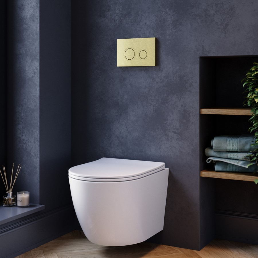 Wall Hung Rimless Toilet with Soft Close Seat, Brushed Brass Mechanical Flush Plate, 1168mm Frame & Cistern – Roma