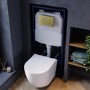 Wall Hung Rimless Toilet with Soft Close Seat, Brushed Brass Mechanical Flush Plate, 1168mm Frame & Cistern – Roma