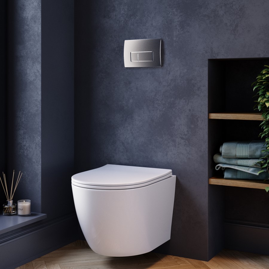Wall Hung Rimless Toilet with Soft Close Seat, Chrome Pneumatic Flush Plate, 1168mm Frame & Cistern – Roma