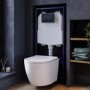 Wall Hung Rimless Toilet with Soft Close Seat, Black Pneumatic Flush Plate, 1168mm Frame & Cistern – Roma