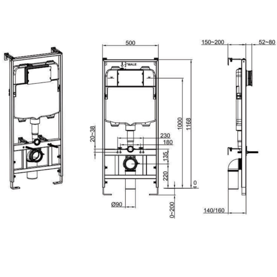 Wall Hung Rimless Toilet with Soft Close Seat, Black Pneumatic Flush Plate, 1168mm Frame & Cistern – Roma
