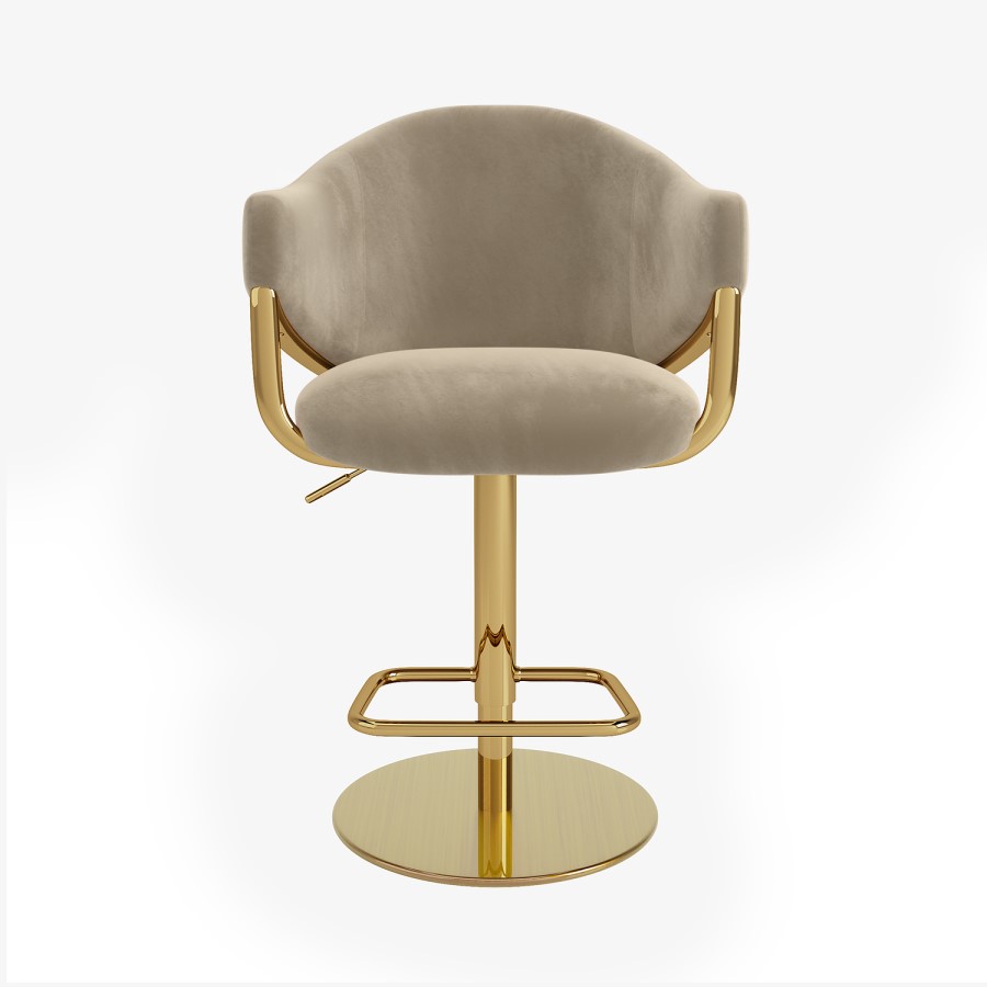 Beige Velvet Adjustable Swivel Bar Stool with Gold Base - Ronnie