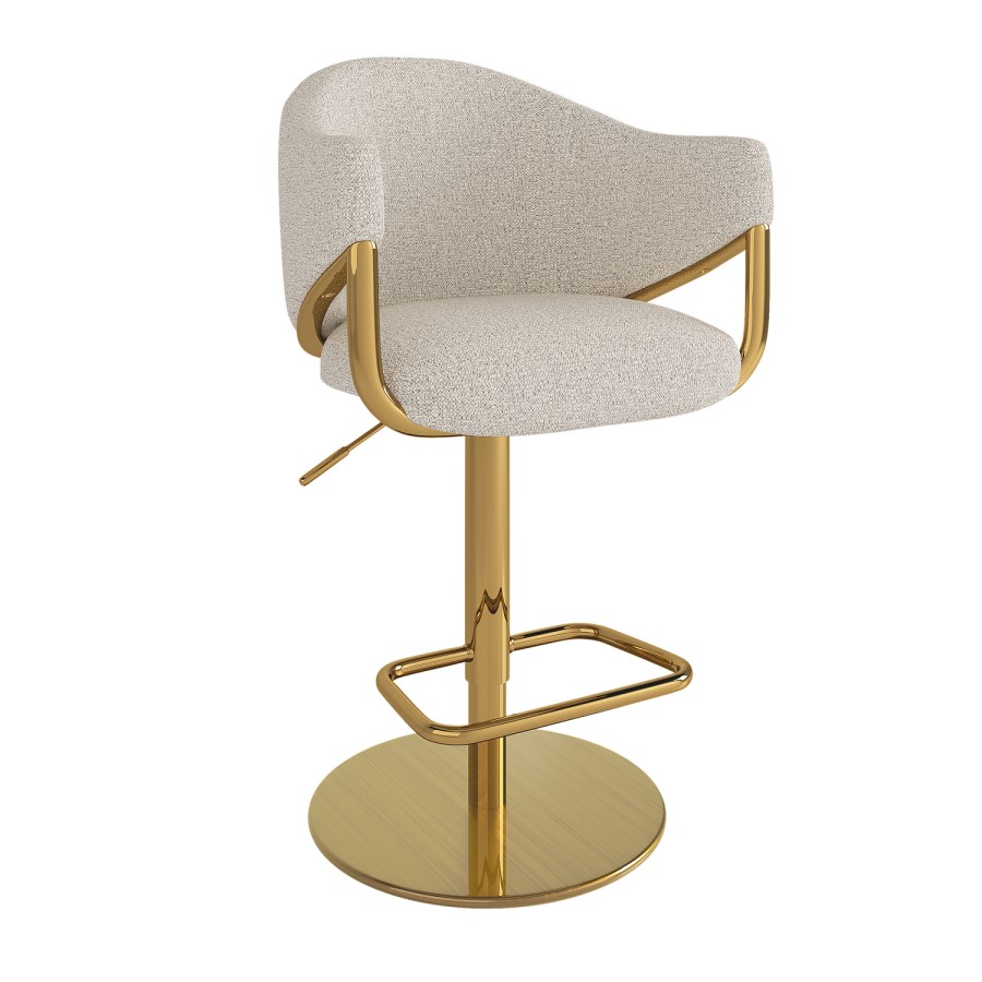 Beige Upholstered Adjustable Swivel Bar Stool with Gold Base - Ronnie