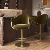 Set of 2 Olive Green Velvet Adjustable Swivel Bar Stools with Gold Base - Ronnie