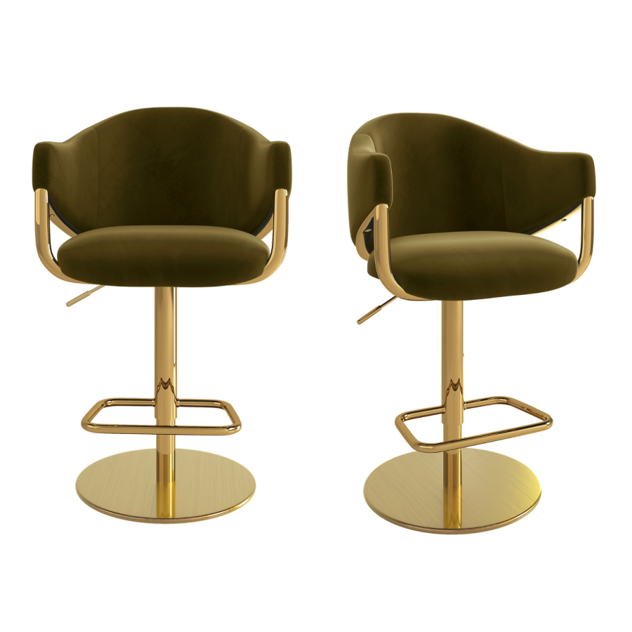 Set of 2 Olive Green Velvet Adjustable Swivel Bar Stools with Gold Base - Ronnie