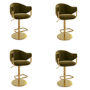 Set of 4 Olive Green Velvet Adjustable Swivel Bar Stools with Gold Base - Ronnie