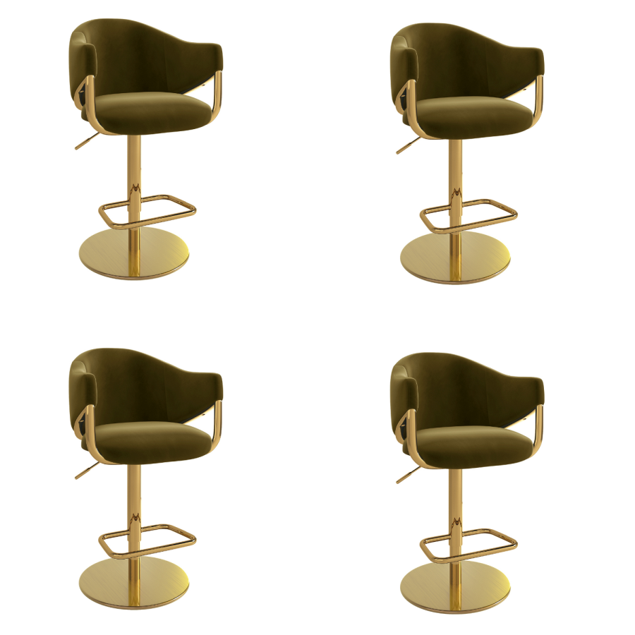 Set of 4 Olive Green Velvet Adjustable Swivel Bar Stools with Gold Base - Ronnie