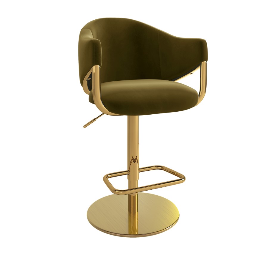 Set of 2 Olive Green Velvet Adjustable Swivel Bar Stools with Gold Base - Ronnie