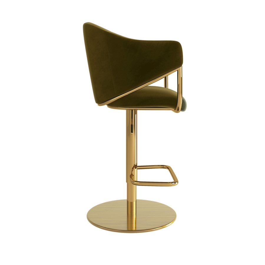 Set of 2 Olive Green Velvet Adjustable Swivel Bar Stools with Gold Base - Ronnie