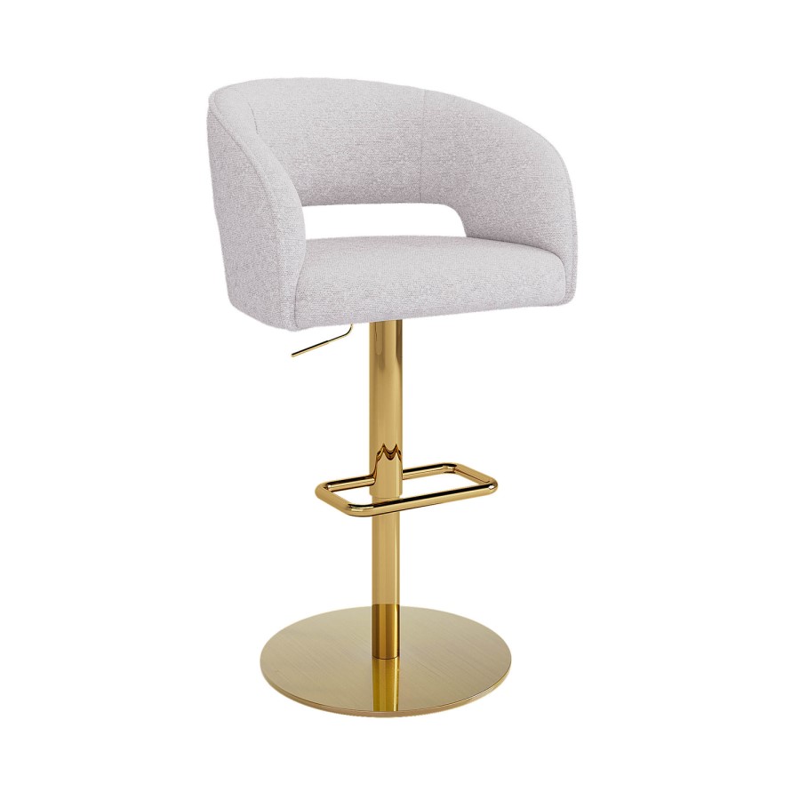 Curved Beige Boucle Adjustable Swivel Barstool with Gold Base - Runa