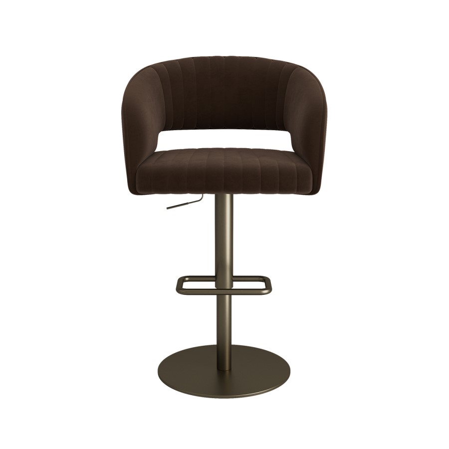 Set of 3 Curved Brown Velvet Adjustable Swivel Bar Stools with Brass Base - Runa