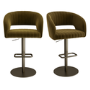 Set of 2 Curved Olive Green Velvet Adjustable Swivel Bar Stools with Brass Base - Runa