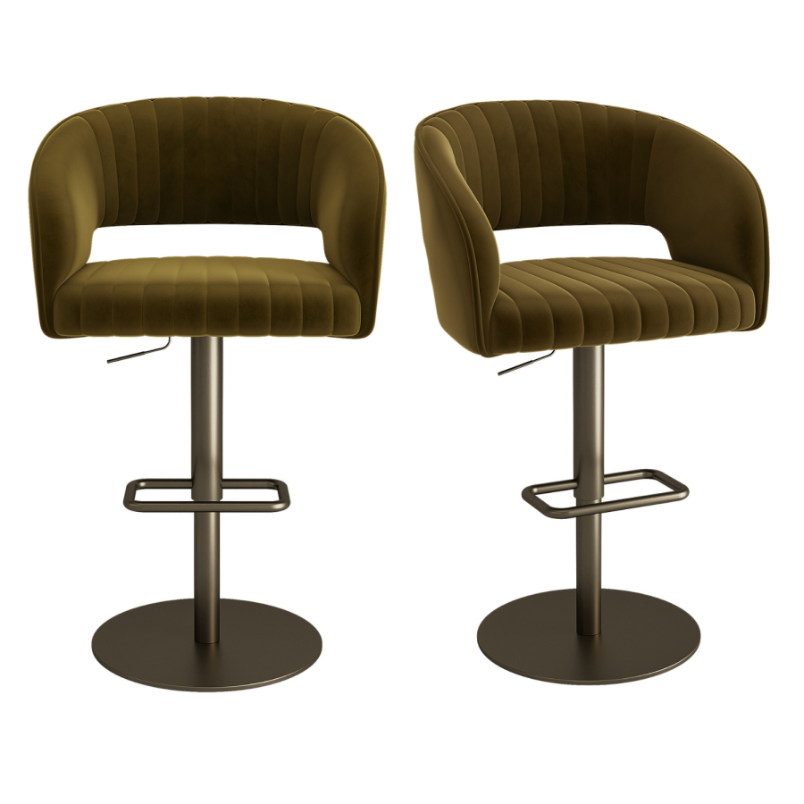 Set of 2 Curved Olive Green Velvet Adjustable Swivel Bar Stools with Brass Base - Runa