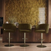 Set of 3 Curved Olive Green Velvet Adjustable Swivel Bar Stools with Brass Base - Runa