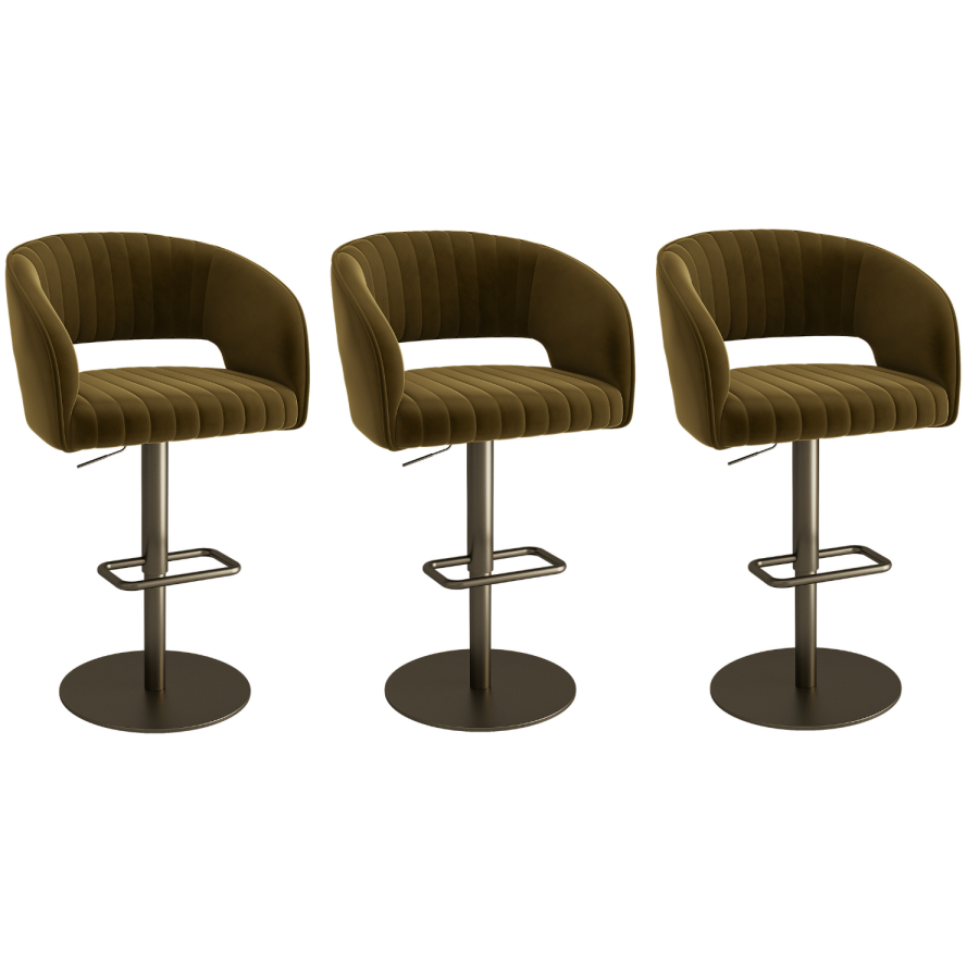 Set of 3 Curved Olive Green Velvet Adjustable Swivel Bar Stools with Brass Base - Runa