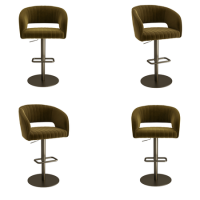 Set of 4 Curved Olive Green Velvet Adjustable Swivel Bar Stools with Brass Base - Runa