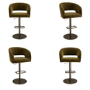 Set of 4 Curved Olive Green Velvet Adjustable Swivel Bar Stools with Brass Base - Runa