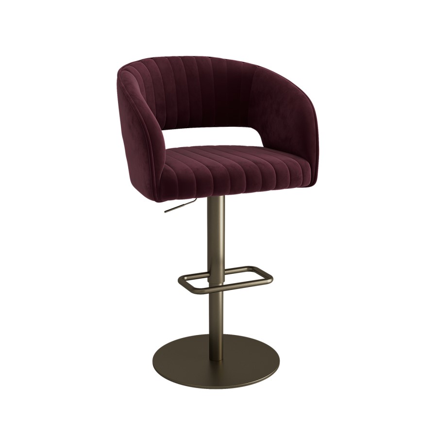 Set of 2 Curved Burgundy Velvet Adjustable Swivel Bar Stools with Brass Base - Runa