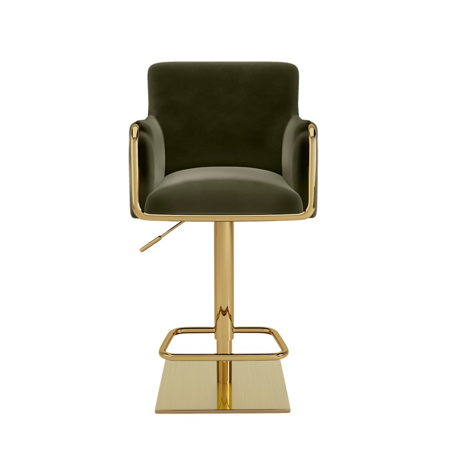 Olive Green Velvet Adjustable Swivel Bar Stool with Gold Base - Sonny