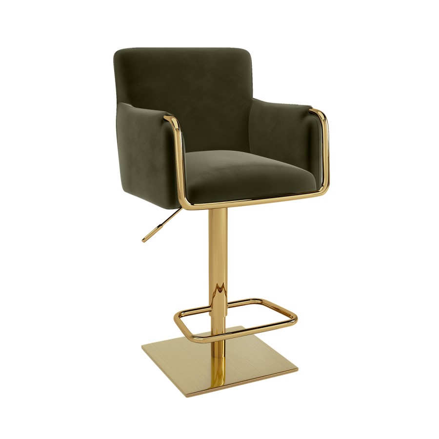 Olive Green Velvet Adjustable Swivel Bar Stool with Gold Base - Sonny