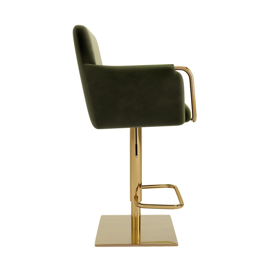 Olive Green Velvet Adjustable Swivel Bar Stool with Gold Base - Sonny