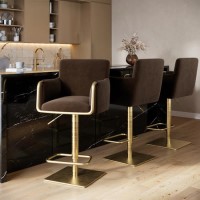 Set of 3 Brown Velvet Adjustable Swivel Bar Stools with Gold Base - Sonny
