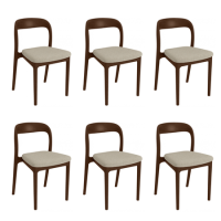 Set of 6 Beige Upholstered Dining Chairs with Walnut Solid Wood Frame - Uma