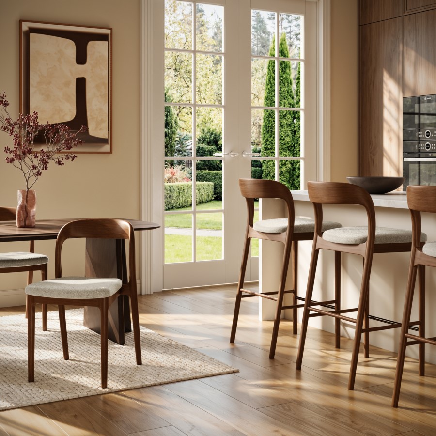 Set of 3 Beige Upholstered Kitchen Stools with Walnut Solid Wood Frame - Uma