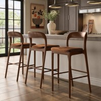 Set of 3 Rust Upholstered Kitchen Stools with Walnut Solid Wood Frames - Uma