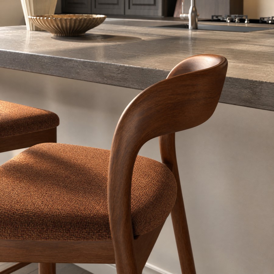 Set of 4 Rust Upholstered Kitchen Stools with Walnut Solid Wood Frames - Uma