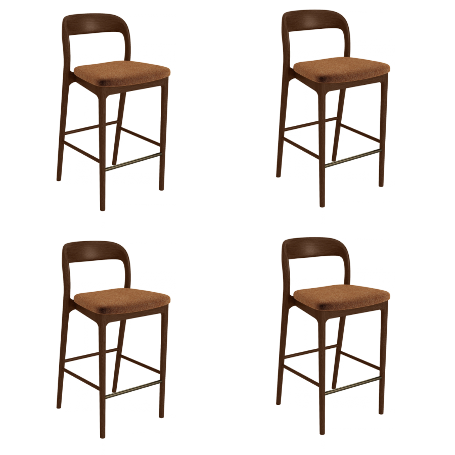 Set of 4 Rust Upholstered Kitchen Stools with Walnut Solid Wood Frames - Uma