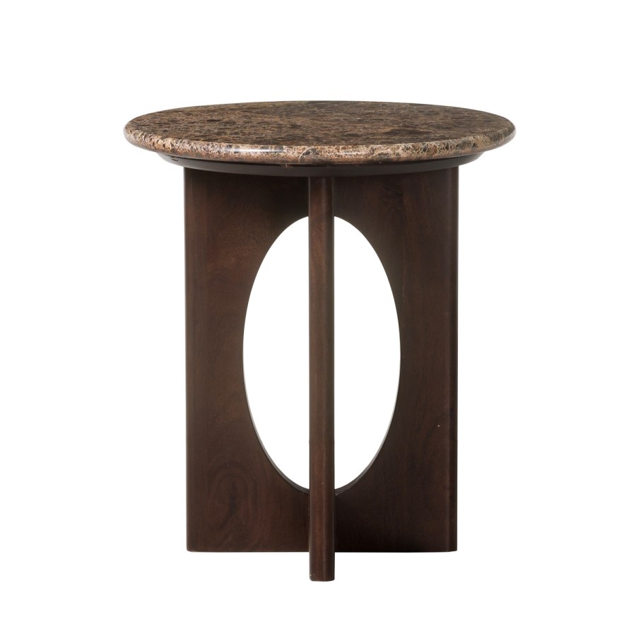 Round Brown Marble and Walnut Effect Side Table - Ivan
