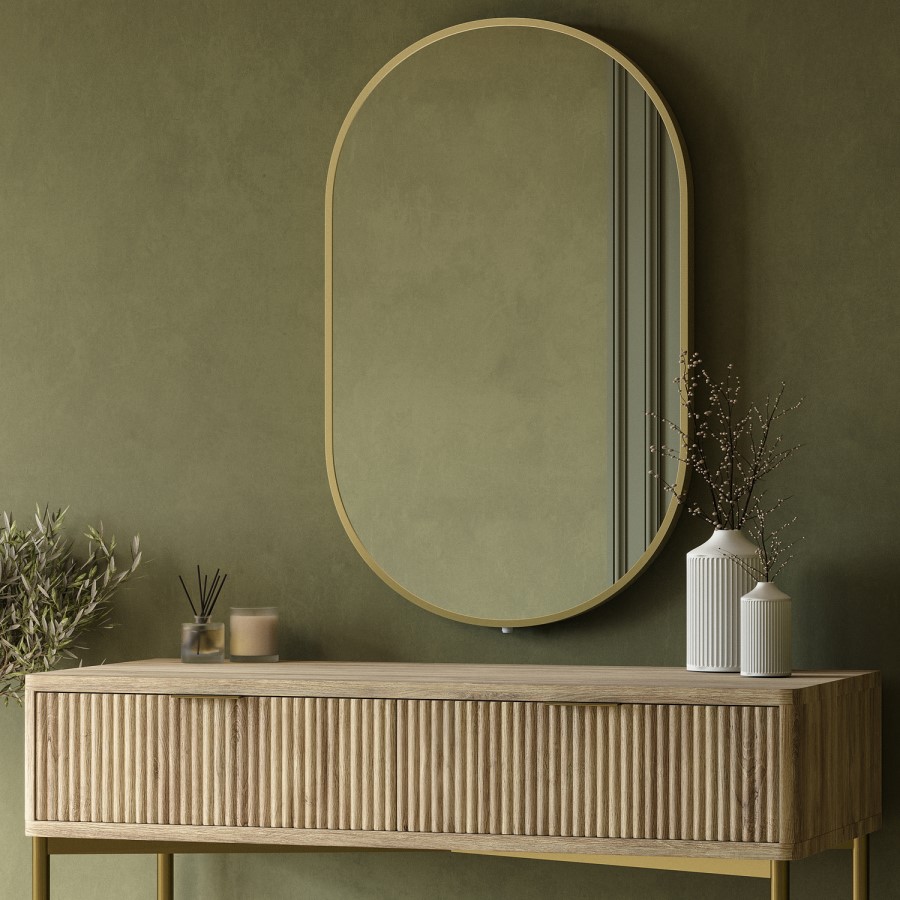 Oval Backlit Brass Wall Mirror with Battery Operated Lights 50 x 80cm - Venus
